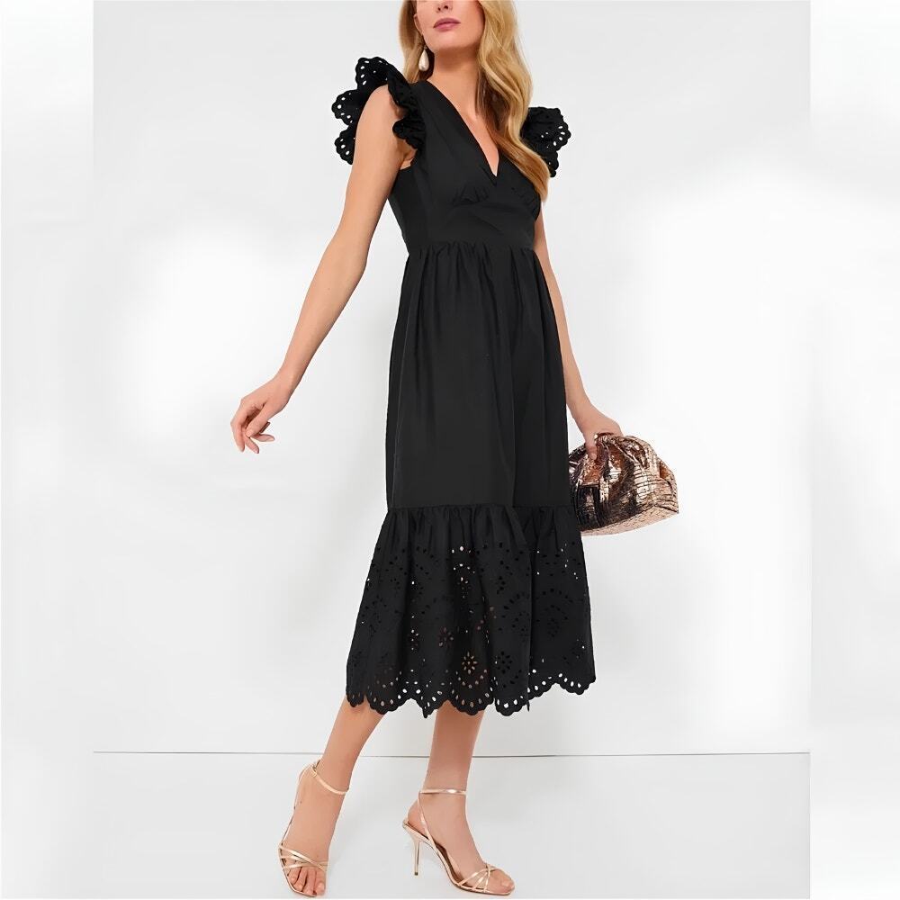 HYACINTH HOUSE Black Eyelet Marshall Midi Dress Size XS NWT